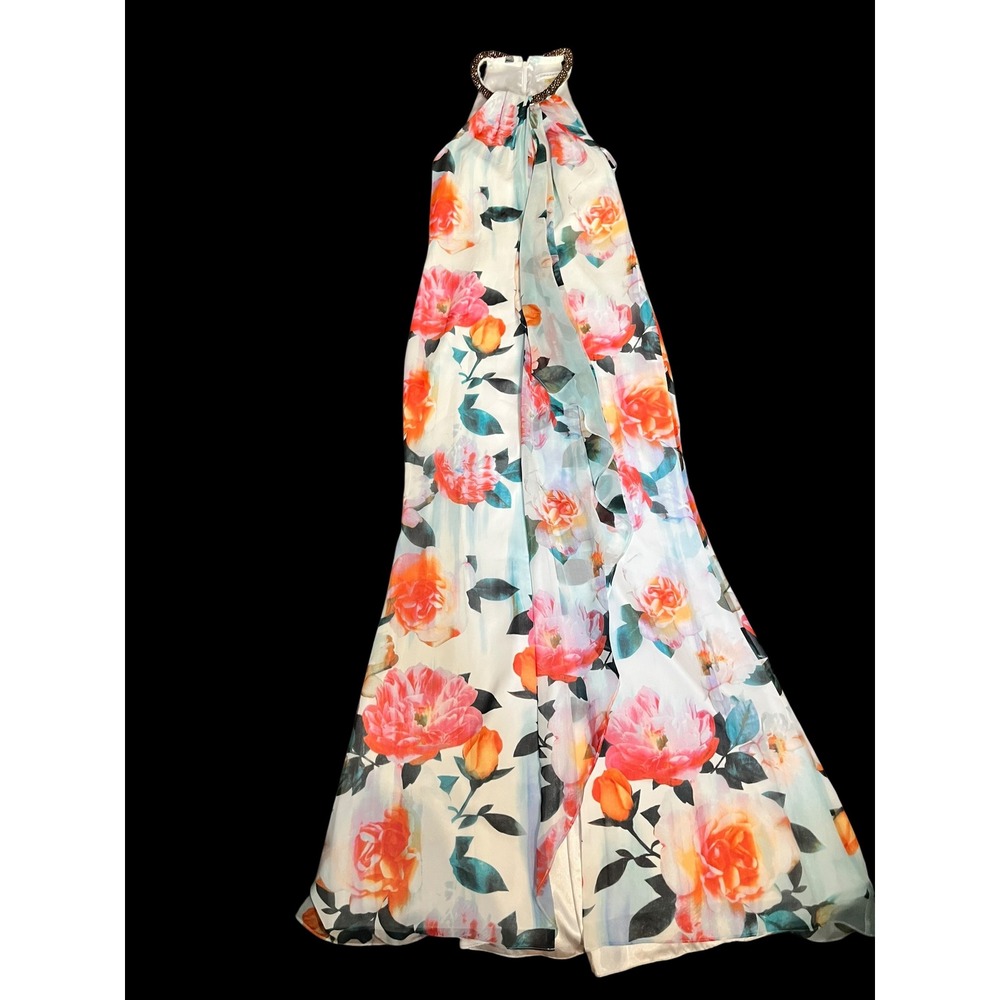 Calvin Klein Floral Halter Maxi Dress Beaded Neckline Chiffon Size 2 Wedding